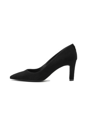 Pump da donna in suede nero, con punta a forma affusolata, tacco medio e silhouette liscia, presentato su sfondo bianco.