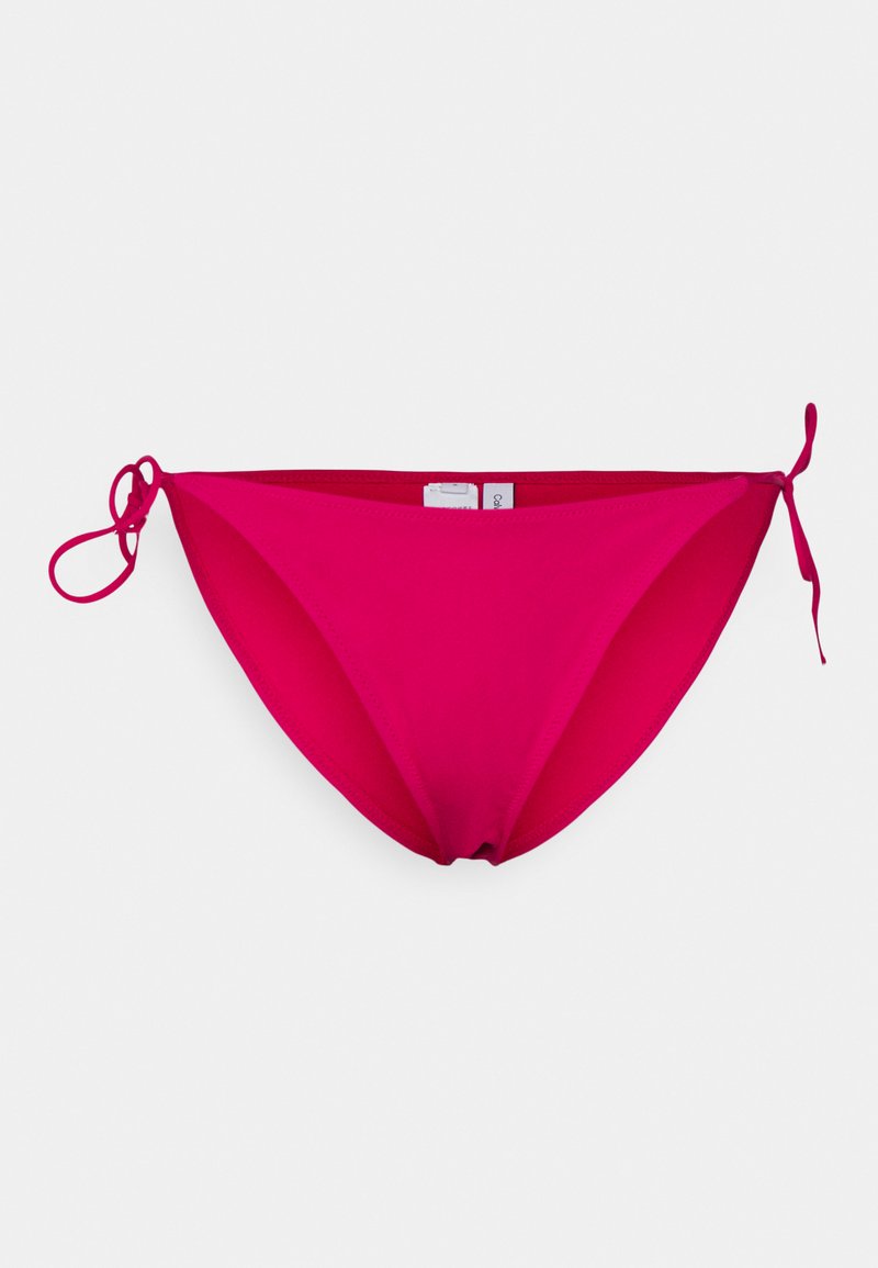 Rosa bikini-bunn med en glatt tekstur, sidetilknytningslukkinger og en trekantet form. Lett stoff for komfort.