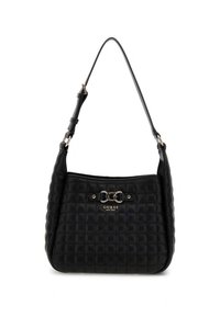 Borsa trapuntata nera con tracolla corta, caratterizzata da una fibbia decorativa a doppio anello e dettagli in metallo dorato. Design classico.