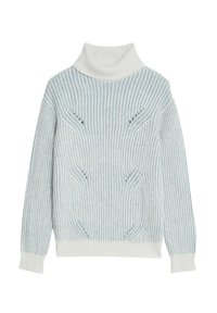 Pull à col roulé rayé bleu clair et blanc avec une texture côtelée et des détails de point ouvert sur le devant et les manches. Matière douce en mélange de laine.