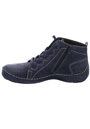 Navy blue leather ankle boots with a textured finish. Features include laces, a side zipper, contrasting stitching, and a flexible sole.