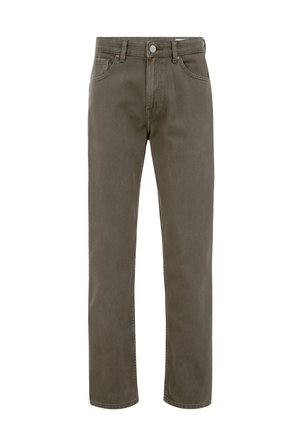 Olijfgroene denim jeans met rechte pasvorm, vijf-pocket ontwerp en metalen knoopsluiting. Zachte textuur en minimale stiknaaddetails.