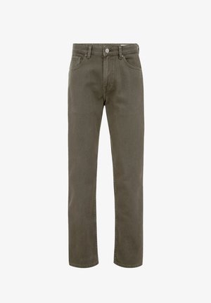 Olivza zaļas denima bikses ar taisnu kāju piegriezumu, piecu kabatu dizainu un metāla pogu aizdari. Mīksta tekstūra un minimālas šūšanas detaļas.