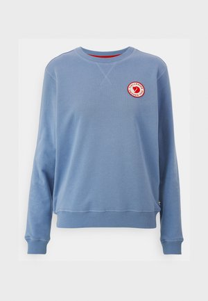 Light blue sweatshirt with a round neckline, ribbed cuffs, and hem. Features a red logo patch on the chest and a small Swedish flag accent.