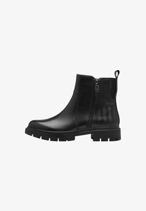 Black ankle boots with a smooth leather upper, side zip closure, and rubber sole featuring a herringbone patterned accent.