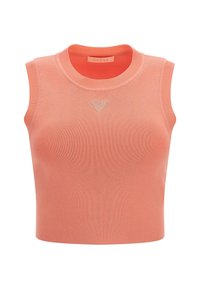 Ärmelloses, geripptes Crop-Top in Korallenfarbe mit rundem Ausschnitt und einem dreieckigen Strassakzent auf der Brust. Glatte Textur.