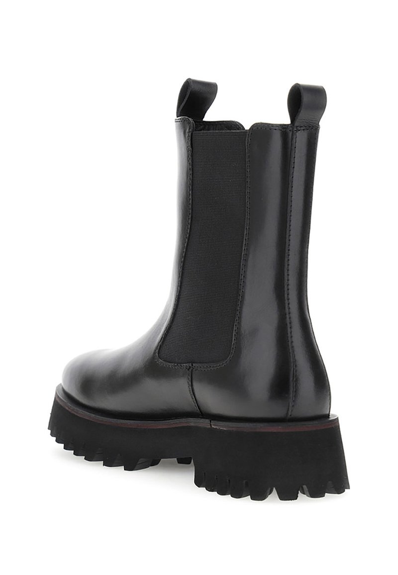 Schwarze Leder-Ankle Boots mit elastischen Seiteneinsätzen, robuster Sohle und Zugschlaufen. Glatte Oberfläche mit elegantem Design und strukturierten Akzenten.