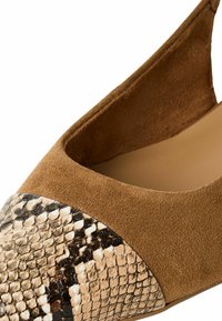Hnedá semišová topánka so špicatou špičkou, s čiernym a béžovým koženým dielom so vzorom hada. Výrezový dizajn zdôrazňuje elegantný tvar.