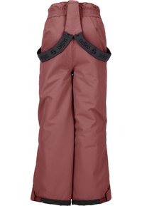 Pantaloni da neve color bordeaux con bretelle nere regolabili, vita elastica e polsini neri rinforzati, realizzati in un tessuto liscio e resistente all'acqua.