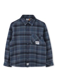 Camicia a quadri blu e blu scuro, design con bottoni, maniche lunghe, tasca sul petto con etichetta del logo, morbida trama del tessuto, colletto classico.