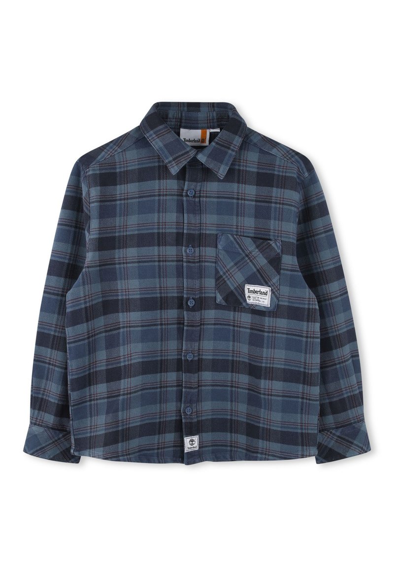 Camicia a quadri blu e blu scuro, design con bottoni, maniche lunghe, tasca sul petto con etichetta del logo, morbida trama del tessuto, colletto classico.