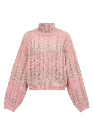 Maglione rosa a maglia grossa con colletto alto, maniche oversize e motivo a treccia con effetto sfumato da un rosa chiaro a un rosa più scuro.