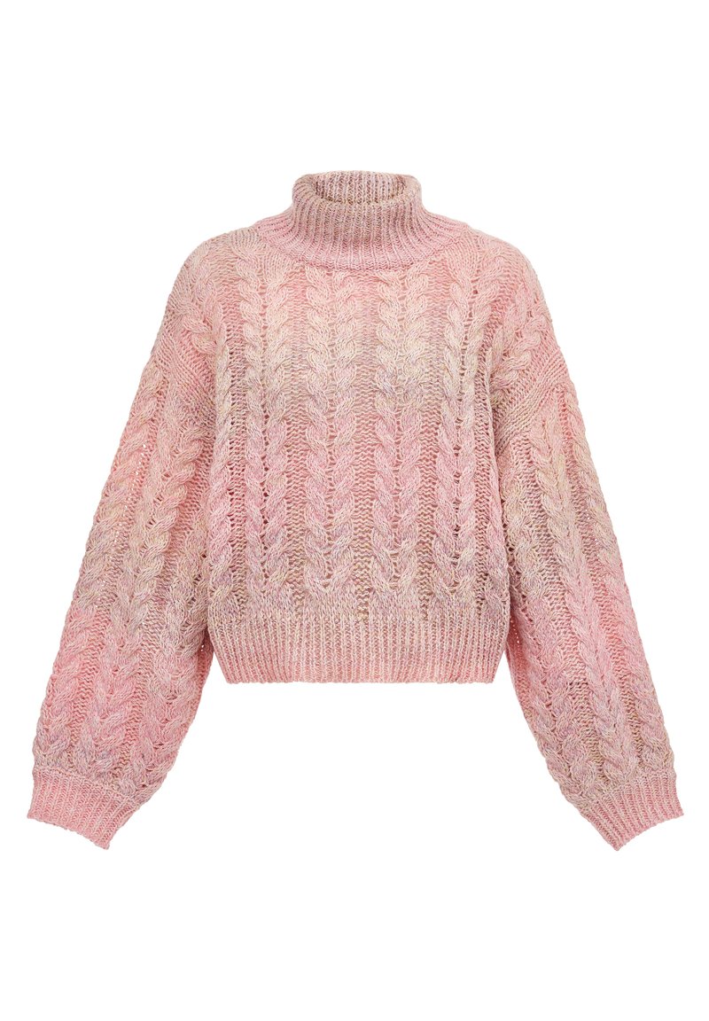Maglione rosa a maglia grossa con colletto alto, maniche oversize e motivo a treccia con effetto sfumato da un rosa chiaro a un rosa più scuro.