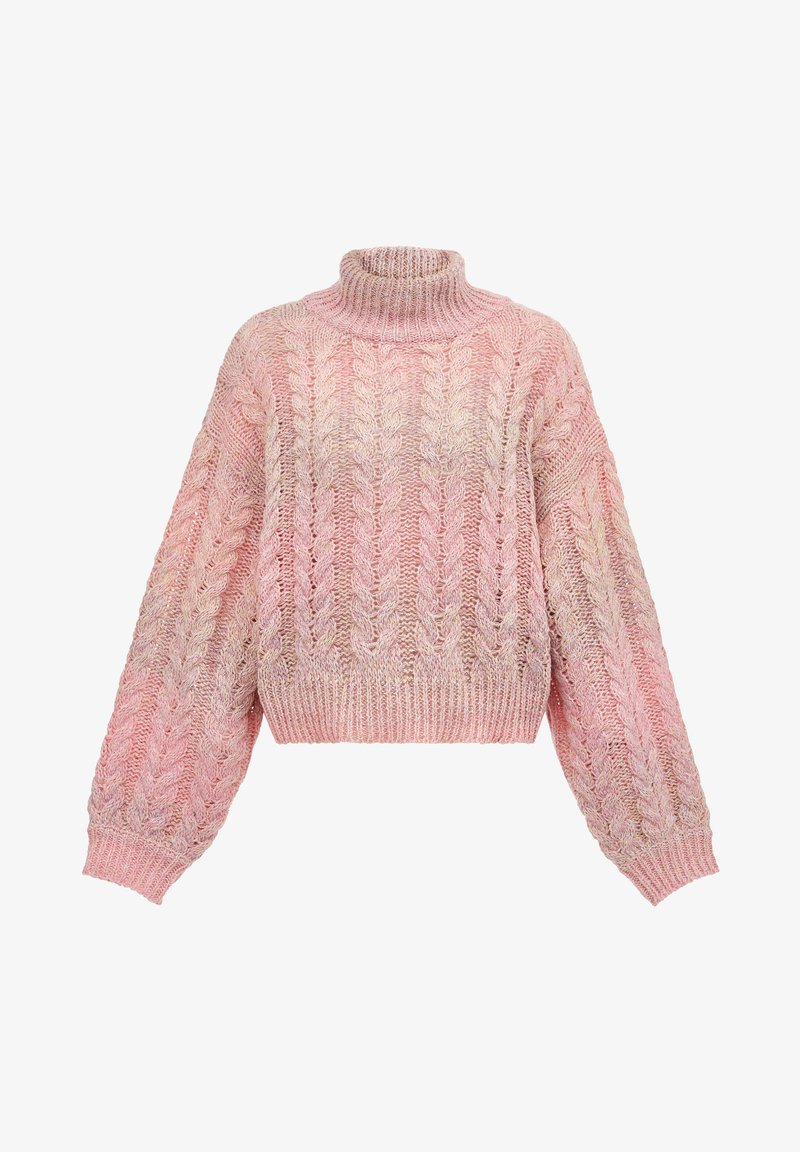 Maglione rosa a maglia grossa con colletto alto, maniche oversize e motivo a treccia con effetto sfumato da un rosa chiaro a un rosa più scuro.
