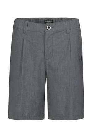 Gray men's knee-length shorts with belt loops, front button, and zip closure, featuring a subtle textured fabric and a small side label.
