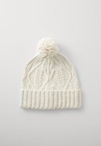 Berretto lavorato a maglia color crema con un motivo testurizzato, dotato di un orlo a coste e di un pompon sulla parte superiore. Materiale morbido con una vestibilità confortevole.