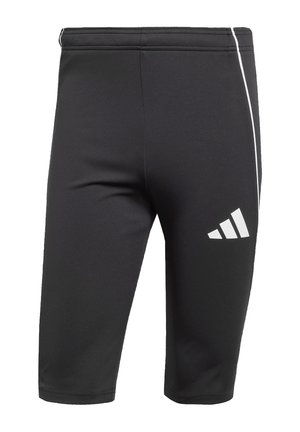 Pantaloni sportivi neri realizzati in tessuto elasticizzato, con una striscia bianca lungo il lato e un logo bianco sulla parte inferiore della gamba sinistra.