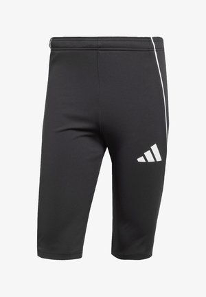 Zwarte sportbroekjes van rekbaar materiaal, met een witte streep aan de zijkant en een wit logo op het onderbeen links.