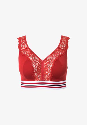 Reggiseno rosso con rifiniture in pizzo, design a V, e una banda larga con strisce rosse, bianche e nere nella parte inferiore. Tessuto dalla texture liscia.