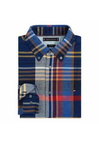 Sininen ruudullinen nappipaita, jossa keltaisia, punaisia ja harmaita kuvioita. Valmistettu kudotusta kankaasta, jossa on kaulus ja pitkät hihat.