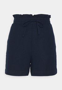 Pantaloni corti blu navy con vita elastica e lacci regolabili. Realizzati in tessuto leggero, con tasche laterali e una vestibilità comoda.