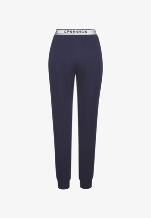 Marine joggers met een elastische tailleband en contrasterende witte tekst. Afgelijnde benen met manchet bij de enkels, gemaakt van zachte stof.