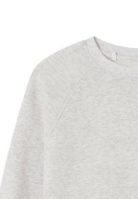 Sweat-shirt gris clair en tissu texturé, col rond et manches raglan. Design simple avec peu de détails.