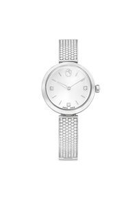 Srebrny zegarek na rękę z owalną kopertą, teksturowanym, siateczkowym paskiem oraz błyszczącym paskiem ozdobionym kryształami. Szwajcarski, z minimalistyczną tarczą.