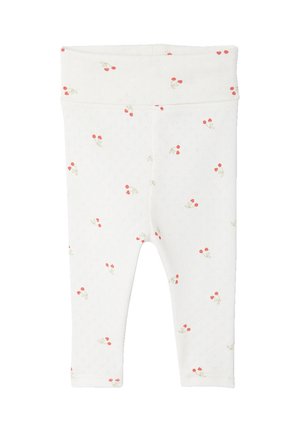 White baby leggings with red cherry print and subtle textured pattern, featuring a wide folded waistband.
