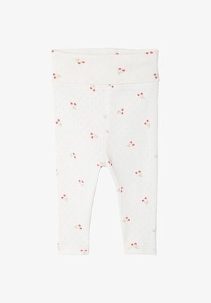 Weiße Baby-Leggings mit rotem Kirschmuster und dezentem strukturiertem Design, mit einem breiten, umgeschlagenen Bund.