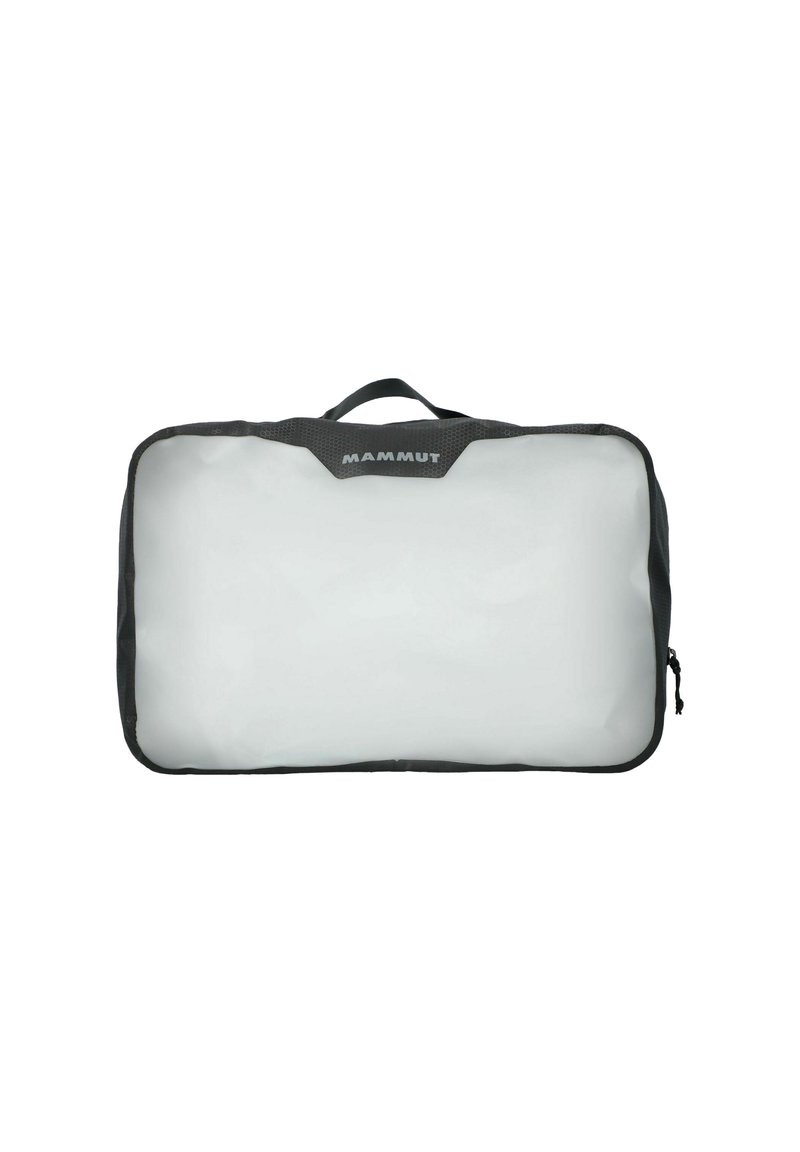 Bolsa Mammut en blanco y negro con forma rectangular, con un frontal transparente, material de tela y un asa superior para un fácil transporte.