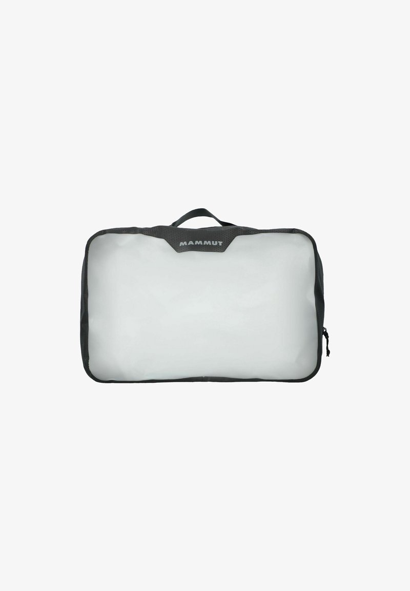 Bolsa Mammut en blanco y negro con forma rectangular, con un frontal transparente, material de tela y un asa superior para un fácil transporte.