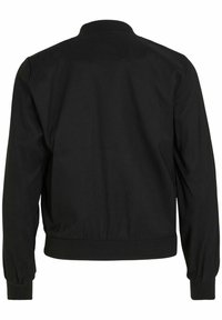 Veste bomber noire avec un col côtelé, des manches longues et des poignets élastiques, au tissu uni et lisse. Conçue pour un ajustement décontracté.