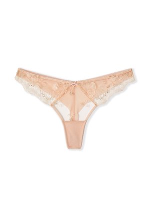Tanga de encaje nude transparente con bordado floral y un pequeño lazo frontal, mostrado sobre un fondo blanco.