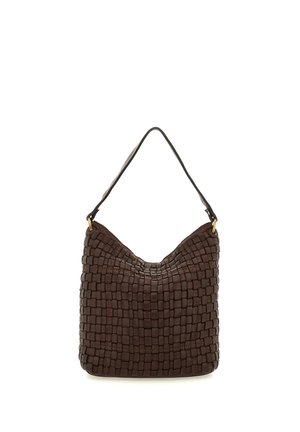 Borsa a tracolla in pelle intrecciata marrone con forma hobo, dotata di una singola tracolla e dettagli di cuciture sottili. Texture liscia e design flessibile.