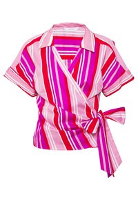 Blouse portefeuille à manches courtes dans des tons roses, avec des rayures verticales de différentes largeurs, une ceinture à nouer à la taille et un col classique.