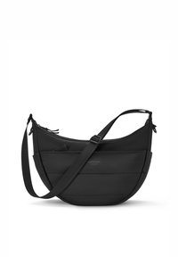 Fekete, félhold alakú válltáska állítható pánttal, cipzáras záródással és első zsebbel, steppelt textúrával, "Larkson Hamburg" márkajelzéssel.