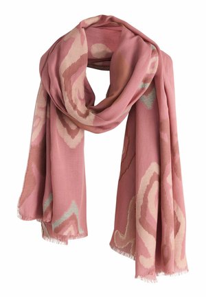 Soft pink scarf with abstract light pink and beige pattern, loosely folded with fringed edges.