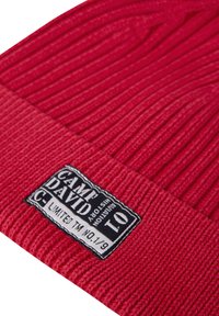 Red knitted beanie hat with ribbed texture and a black label featuring "CAMP DAVID" and "LIMITED TM NO. 1/9." Sturdy fabric with visible stitching.