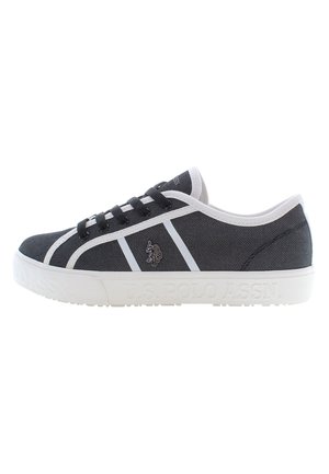 Sneakers in tela nera con accenti bianchi, punta rotonda e design con lacci piatti. Presentano il logo e il marchio sul lato e sulla suola.