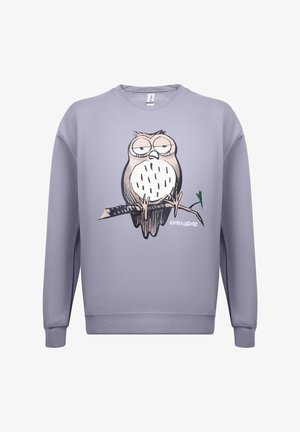 Lichtpaarse sweatshirt met een cartoonuil die op een tak zit. De uil heeft grote ogen en een gespikkelde buik voor extra detail.