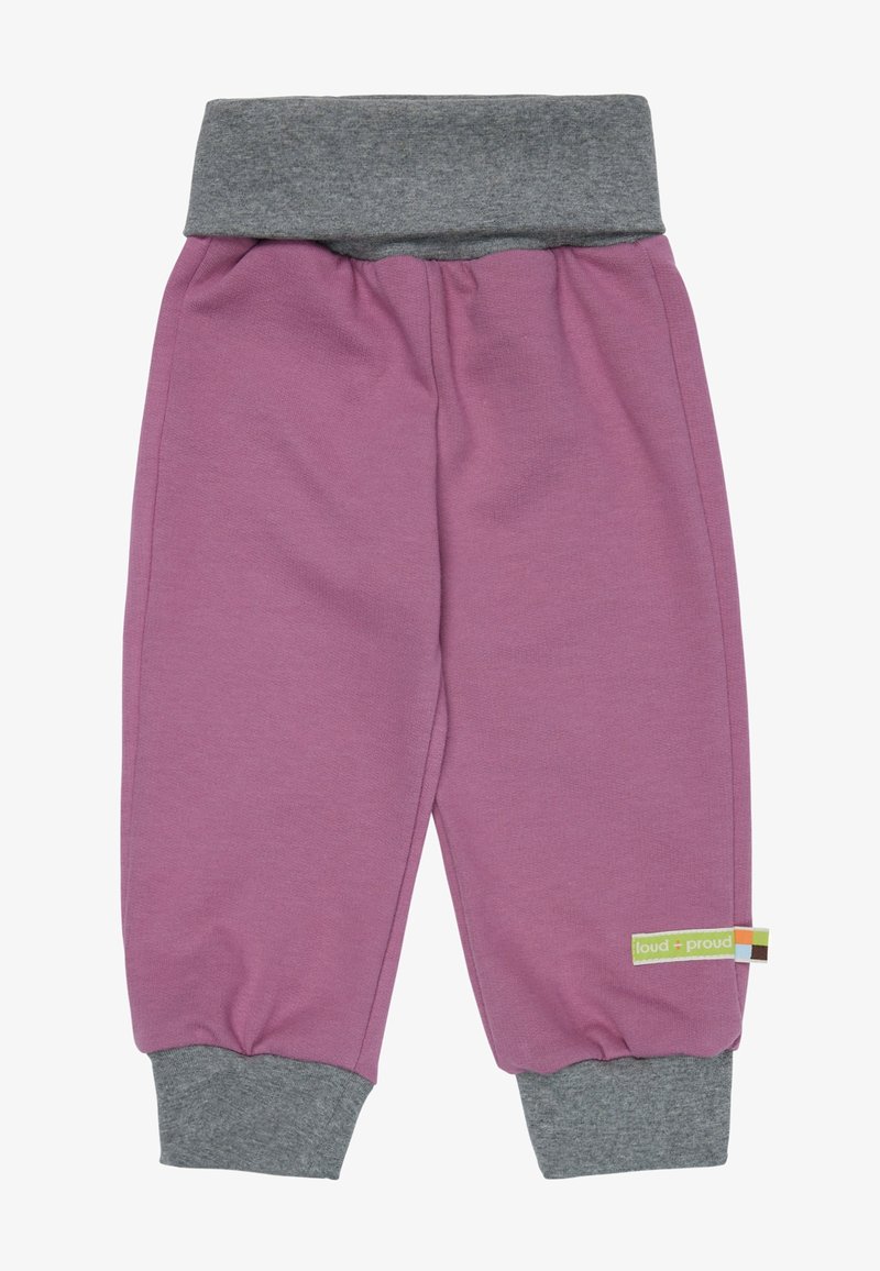 Joggeurs en coton violet avec une ceinture élastique et des poignets gris. Présente une petite étiquette avec la marque "loud + proud" sur le côté.