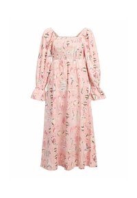 Vestido maxi de algodón rosa con cuerpo fruncido, mangas abullonadas y dobladillo acampanado. Presenta estampados abstractos multicolores en todo el vestido.