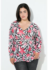 Langärmelig V-hals top met een ontwerp van een roze, zwarte en witte zeester en zebra-print, gemaakt van zachte stof en met een relaxte pasvorm.