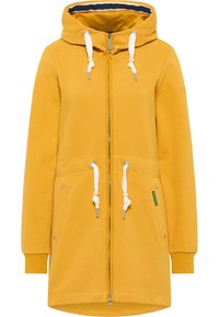 Giacca a zip gialla con cappuccio in tessuto morbido. Presenta cordini bianchi, due tasche frontali e polsini a costine. Fodera del cappuccio in contrasto.