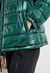 Opgevulde groene jas met een glanzende, metallic afwerking; voorzien van een ritssluiting aan de voorkant, elastische manchetten en een zijzak die in het ontwerp is geïntegreerd.