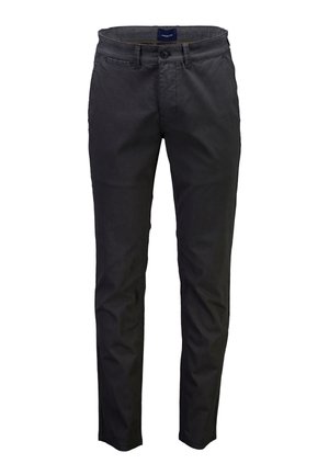Pantaloni slim fit neri da uomo con chiusura con bottone e zip, passanti per cintura e tasche laterali, mostrati su sfondo bianco.