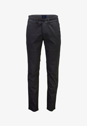 Pantaloni slim fit neri da uomo con chiusura con bottone e zip, passanti per cintura e tasche laterali, mostrati su sfondo bianco.