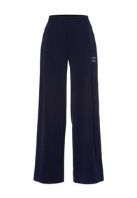 Navy Weite-Hosen aus weichem Stoff, mit elastischem Bund und seitlichen Taschen, sowie einem gedruckten Logo auf der linken Seite.