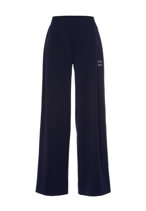 Navy wide-leg trousers made of soft fabric, featuring an elastic waistband and side pockets, with a printed logo on the left side.